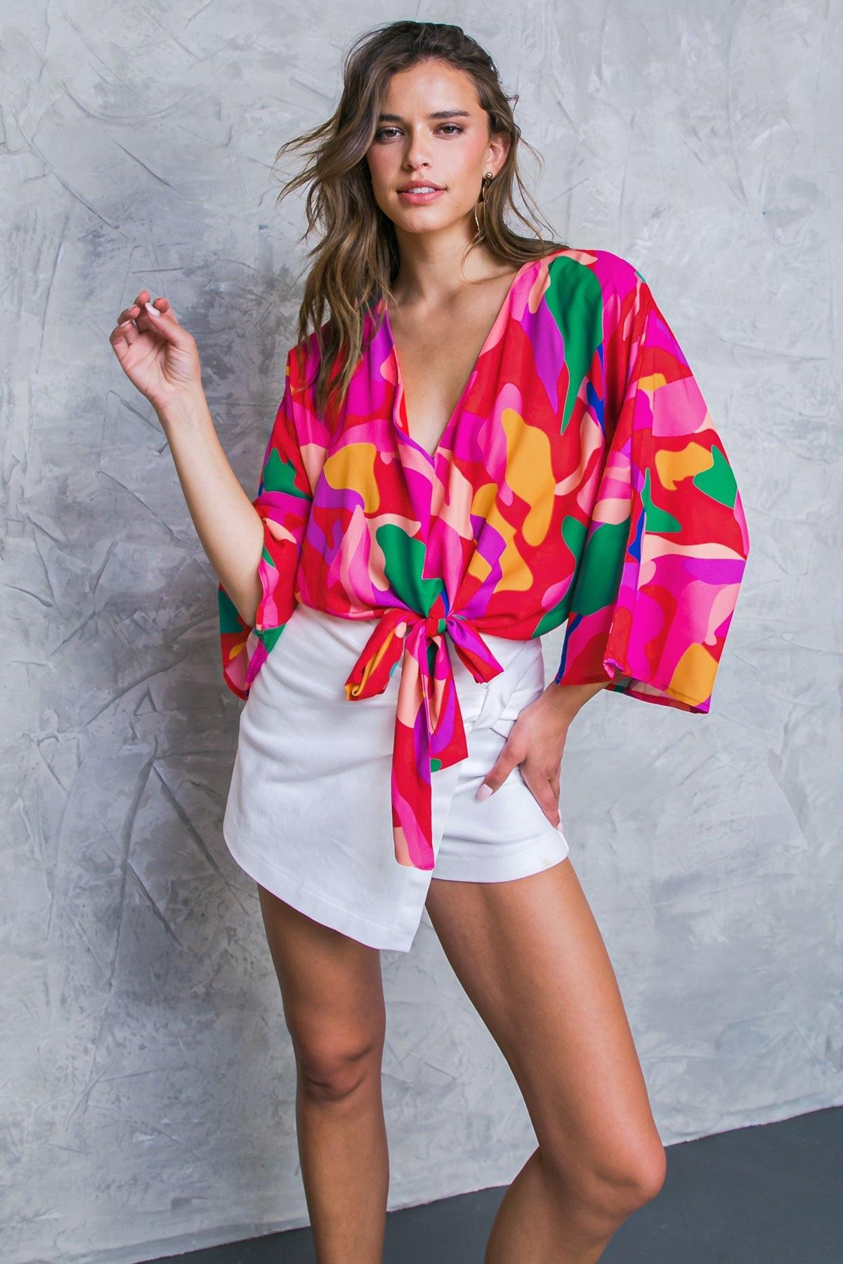 Love You Like Printed Woven Top With V Neck Dolman Sleeves Front Tie Lightweight
