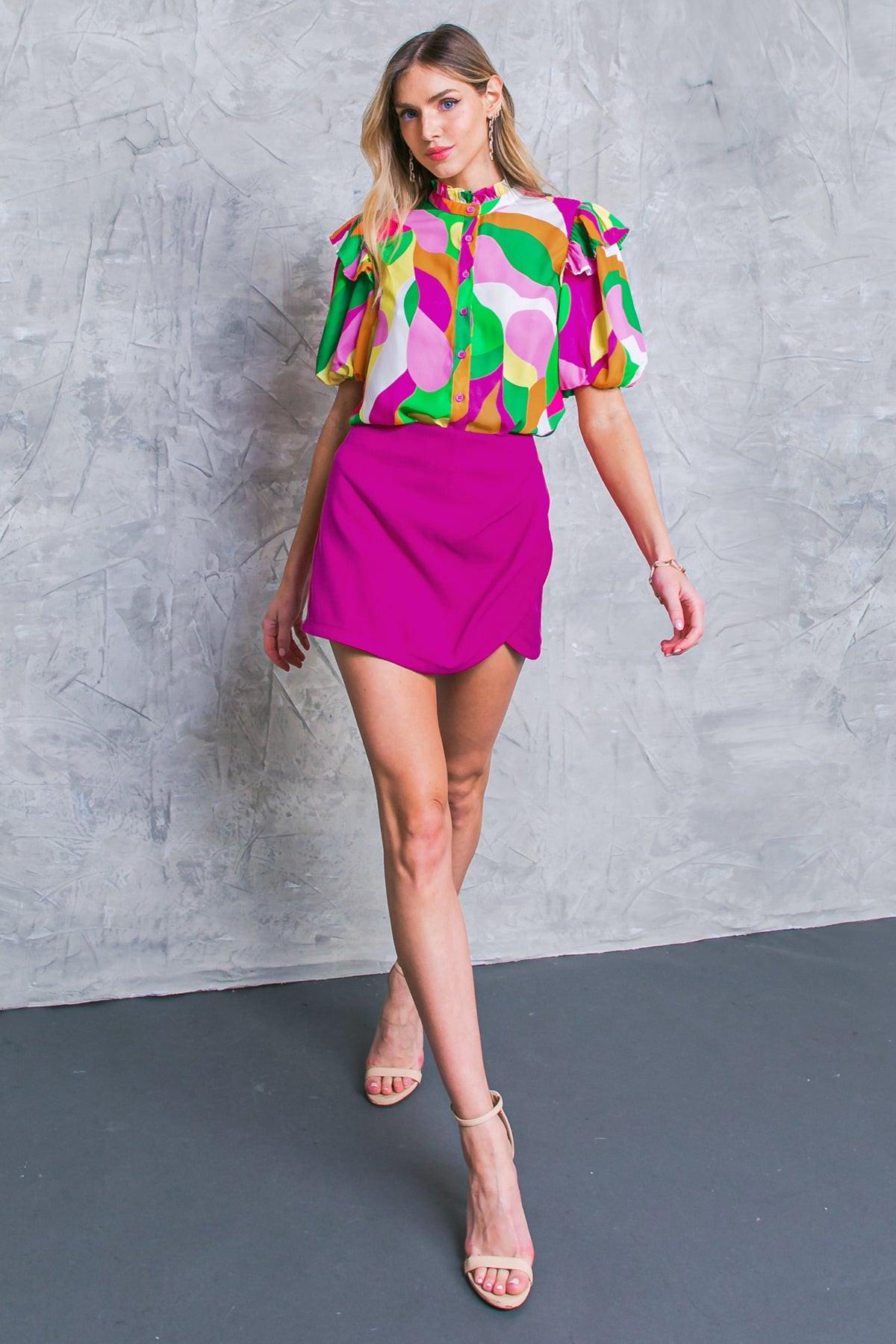 Make Them Proud Woven Top High Neck Ruffle Edge Puff Sleeves