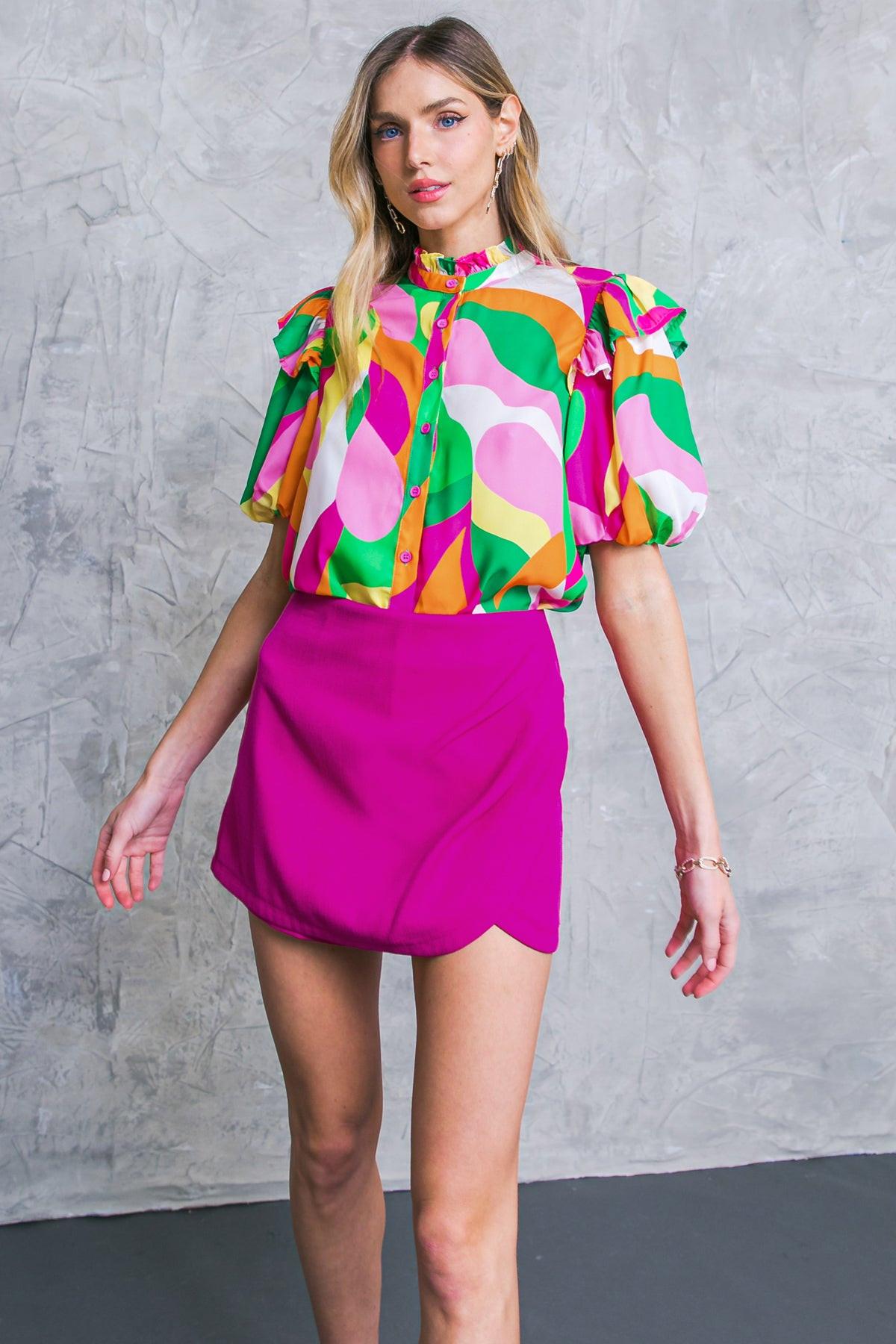 Make Them Proud Woven Top High Neck Ruffle Edge Puff Sleeves