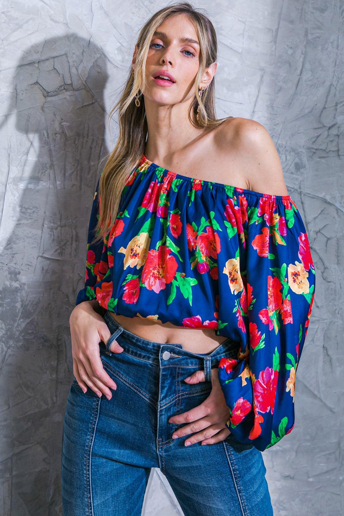 Unforgettable Muse Woven Top Off Shoulder Printed Long Sleeve Elasticized Waist