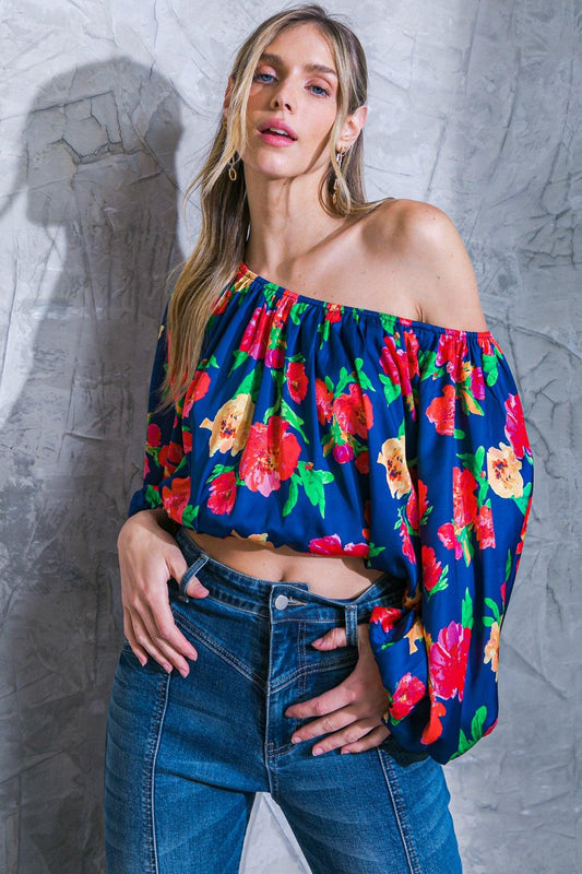 Unforgettable Muse Woven Top Off Shoulder Printed Long Sleeve Elasticized Waist