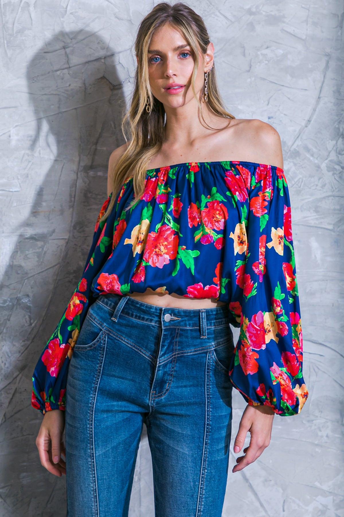 Unforgettable Muse Woven Top Off Shoulder Printed Long Sleeve Elasticized Waist