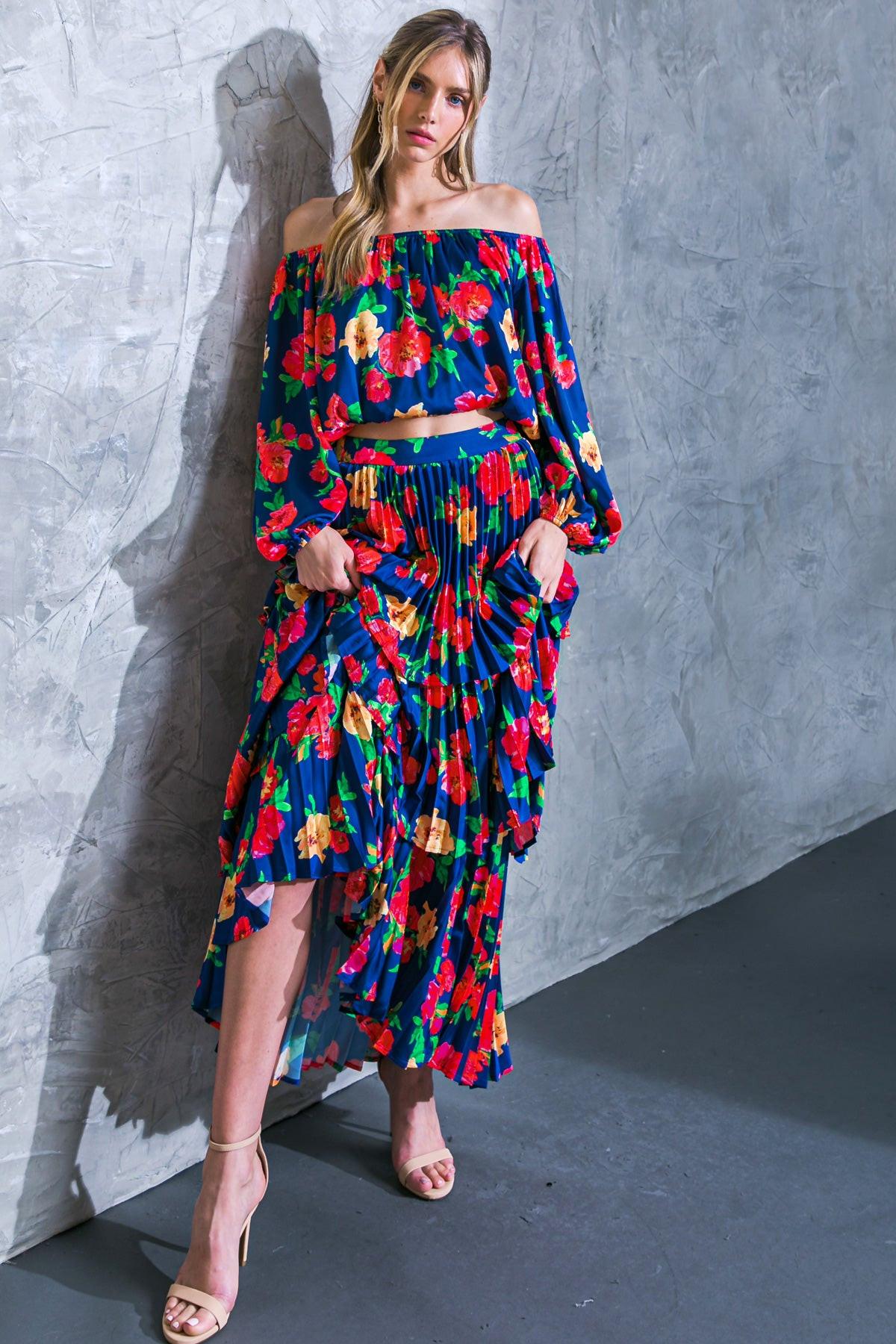 Unforgettable Muse Woven Top Off Shoulder Printed Long Sleeve Elasticized Waist