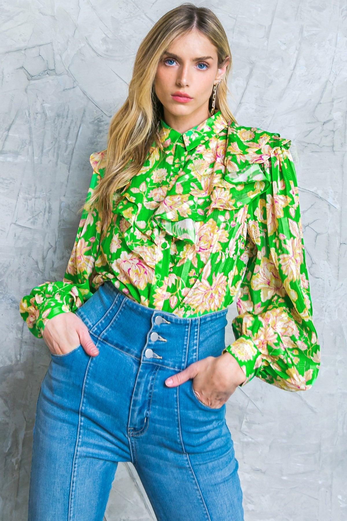 Stuck On An Island Printed Woven Top With Ruffles And Shirt Collar