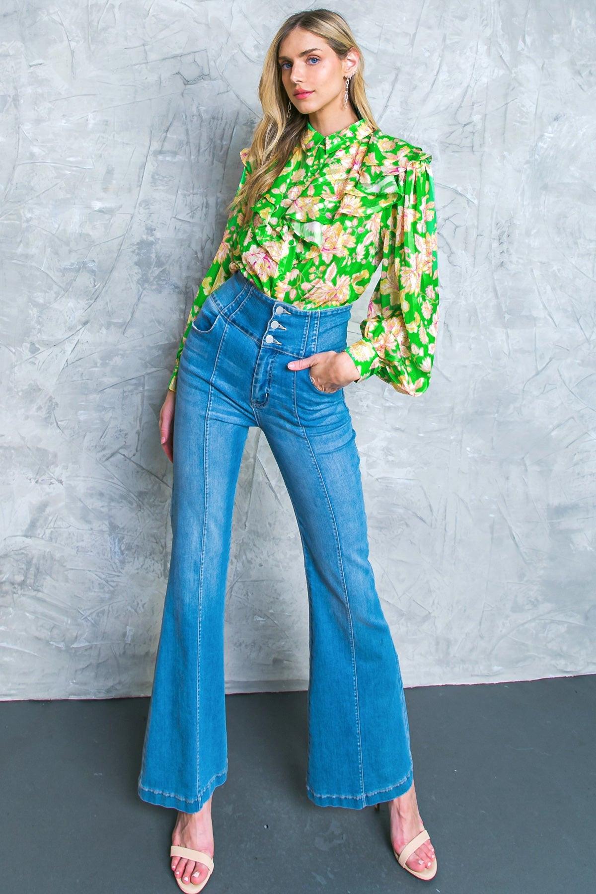Stuck On An Island Printed Woven Top With Ruffles And Shirt Collar