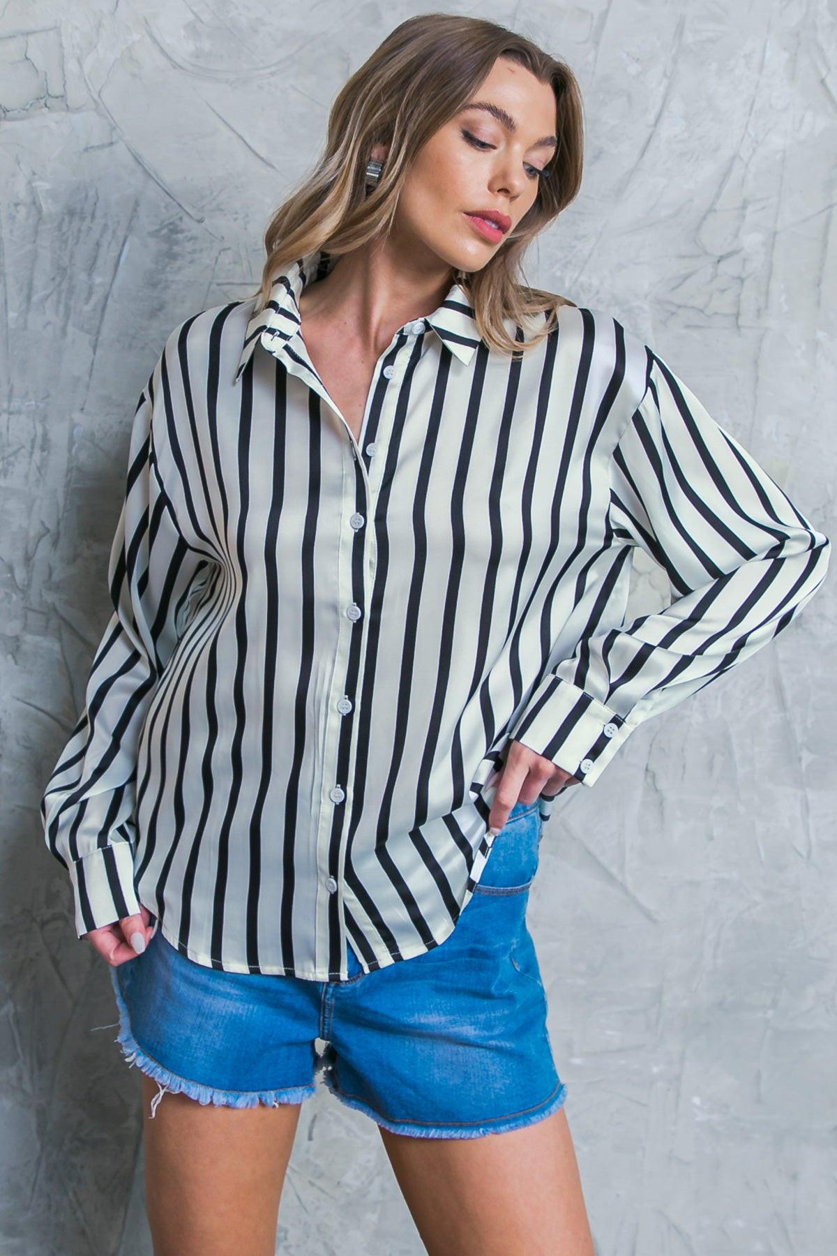 Nothing to Regret Satin Woven Top Shirt Collar Button Down Long Sleeves