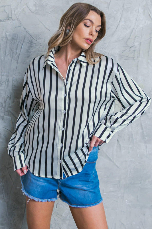 Nothing to Regret Satin Woven Top Shirt Collar Button Down Long Sleeves