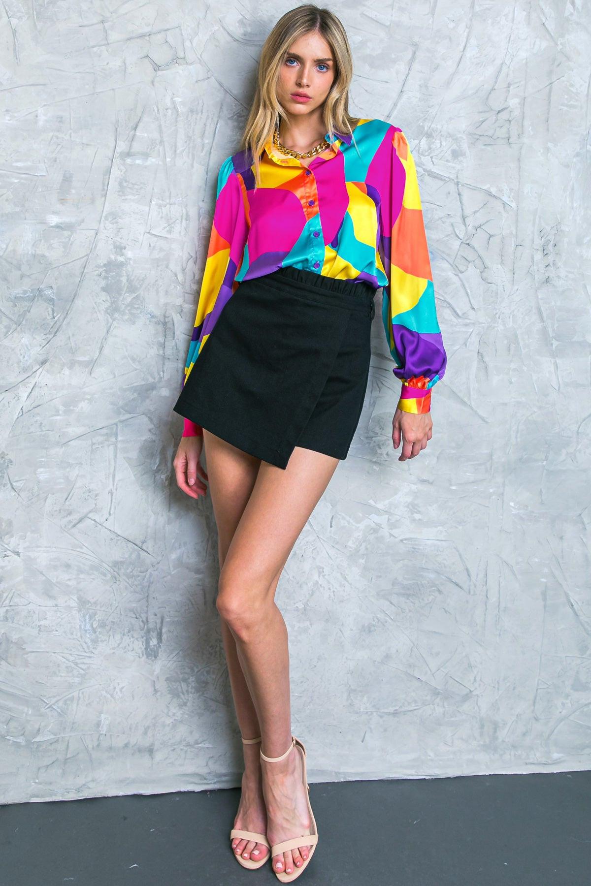 Follow the Flow Woven Top Printed Button Down Shirt With Long Sleeves