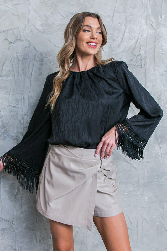 Love Every Day Woven Bodysuit With Fringe Bell Sleeves And Mesh Snap Bottom