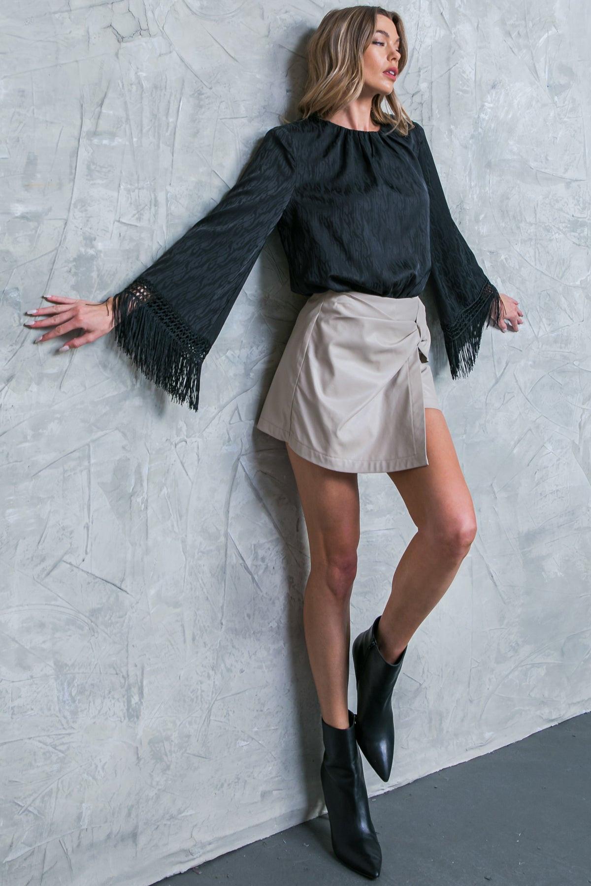Love Every Day Woven Bodysuit With Fringe Bell Sleeves And Mesh Snap Bottom