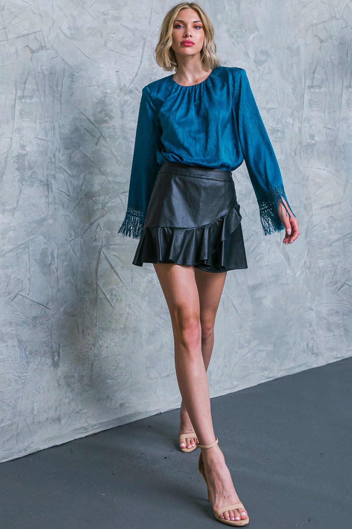 Love Every Day Woven Bodysuit With Fringe Bell Sleeves And Mesh Snap Bottom