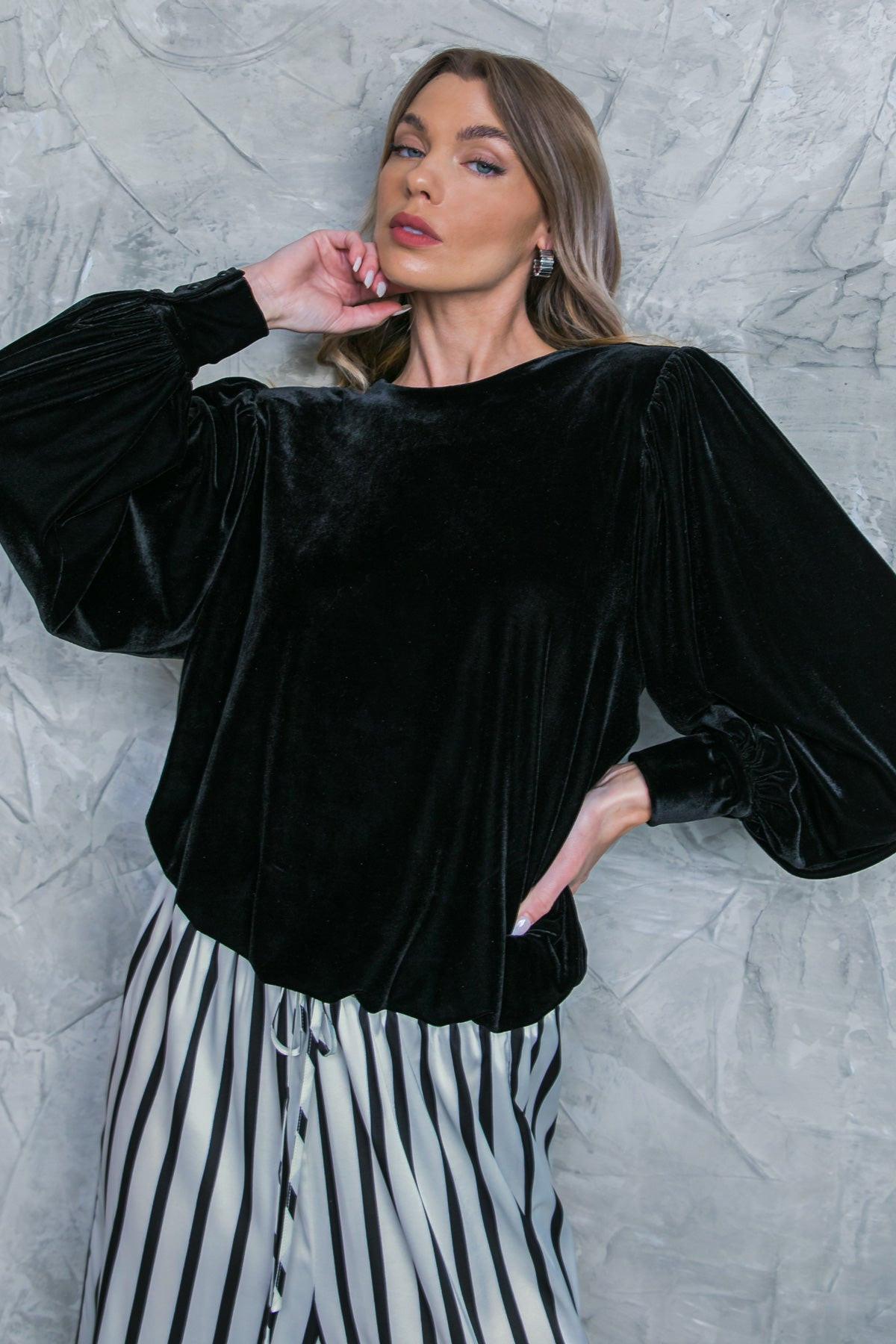 It's Your Time Velvet Top Long Sleeve Round Neck Elastic Waist