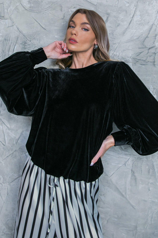 It's Your Time Velvet Top Long Sleeve Round Neck Elastic Waist in 20bla43 — Soul Flow Apparel
