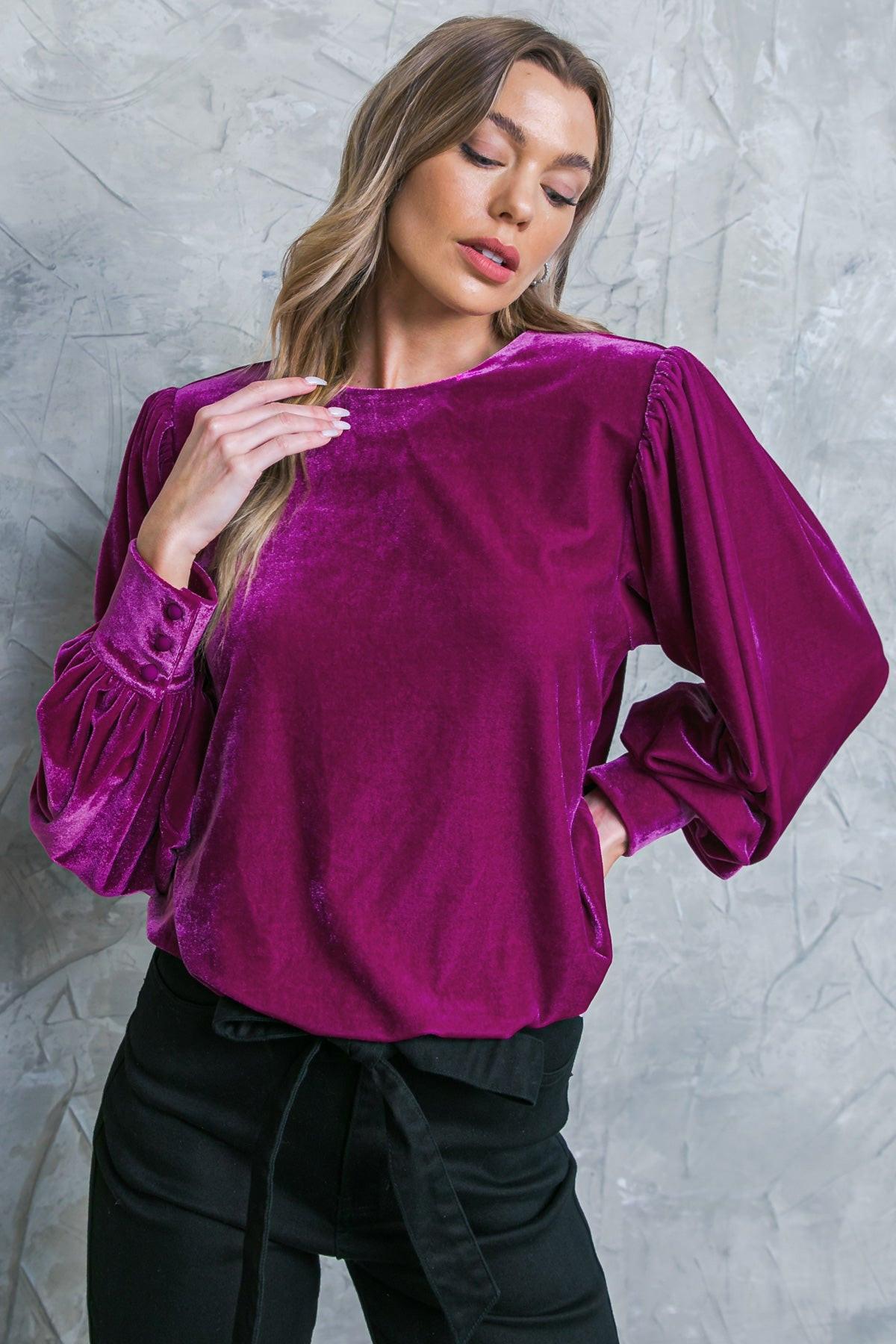 It's Your Time Velvet Top Long Sleeve Round Neck Elastic Waist