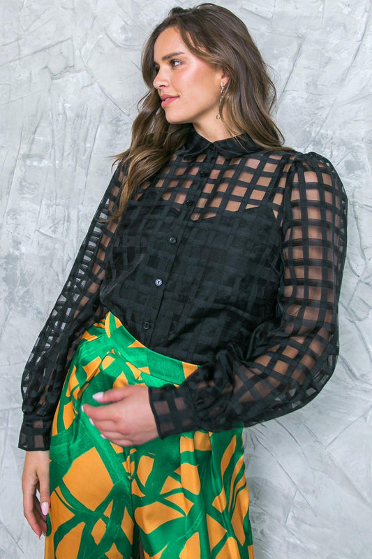 Fluttering Woven Top With Jacquard Shirt Collar Long Sleeves And Cami Inside