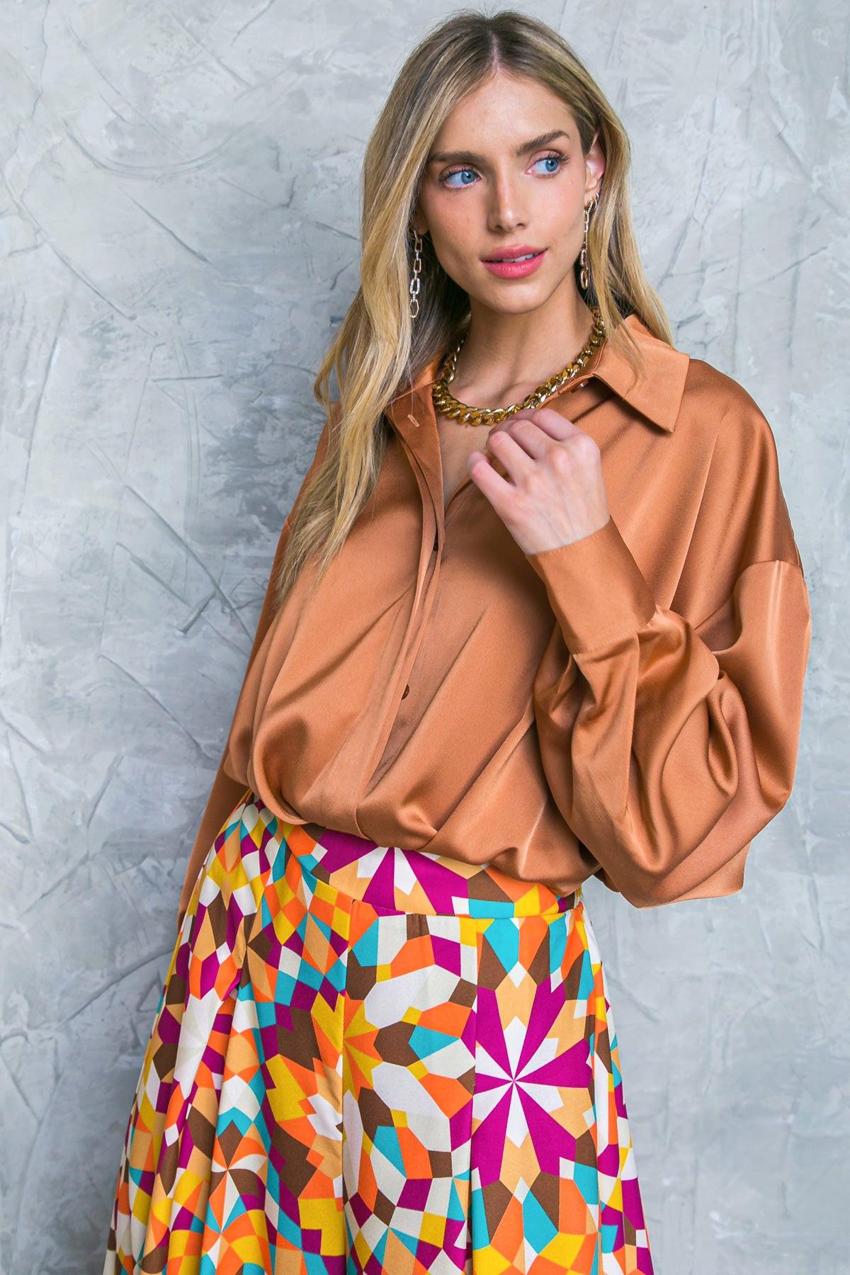 Graceful Movements Woven Top With Hidden Button Down Shirt Collar Long Sleeves