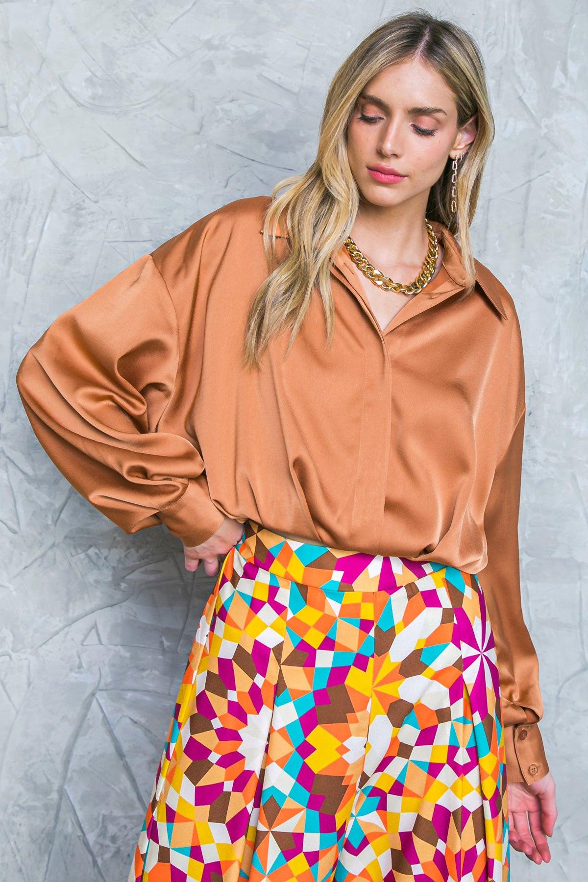 Graceful Movements Woven Top With Hidden Button Down Shirt Collar Long Sleeves