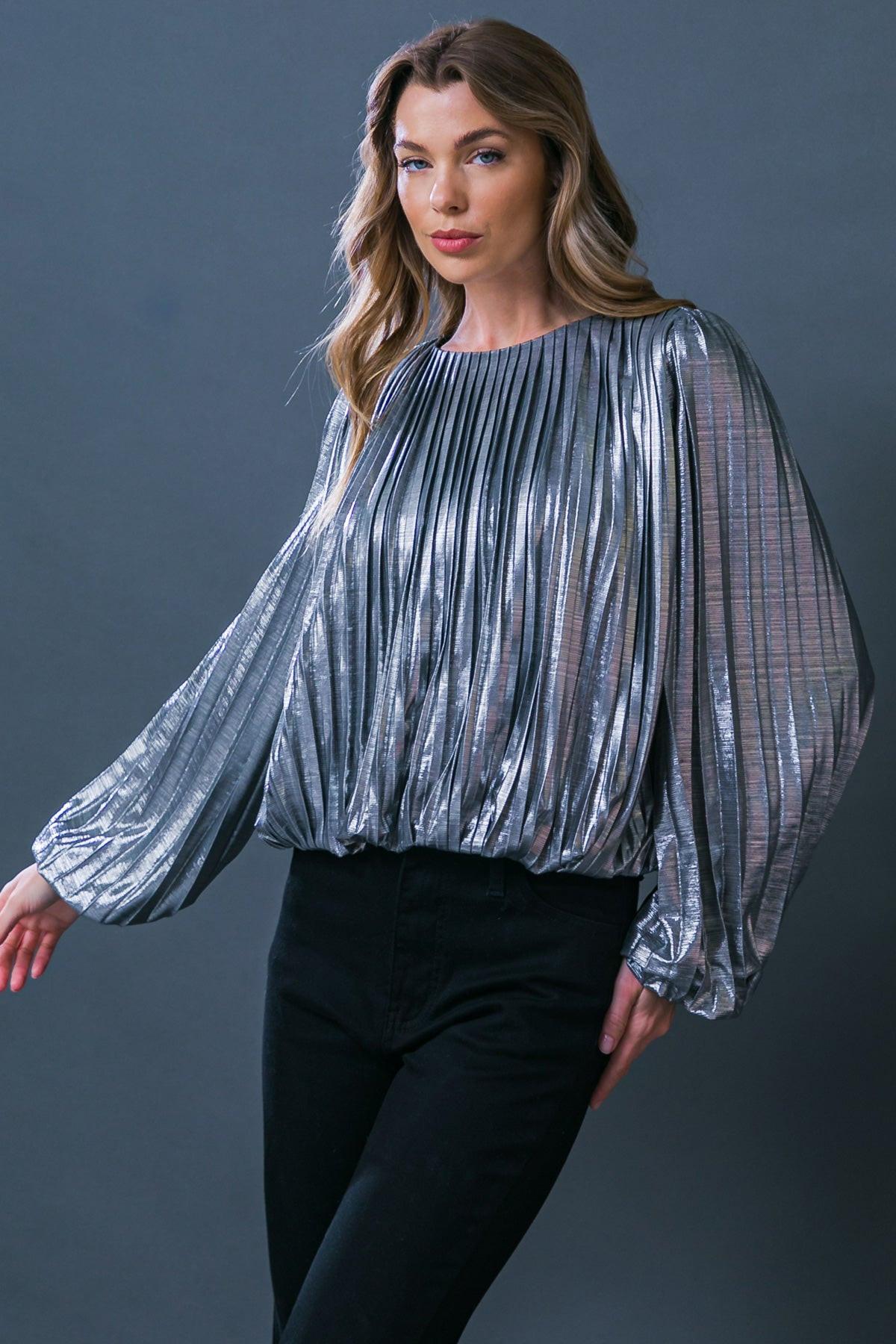Key It Down Fully Pleated Woven Foiled Top With Round Neckline And Elastic Waist