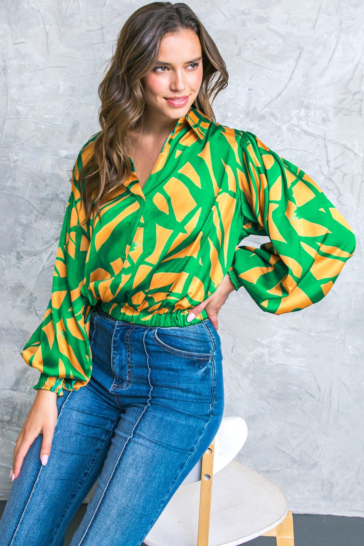 Always About You Woven Top With Shirt Collar V Neck Smocked Cuffs Elastic Waist