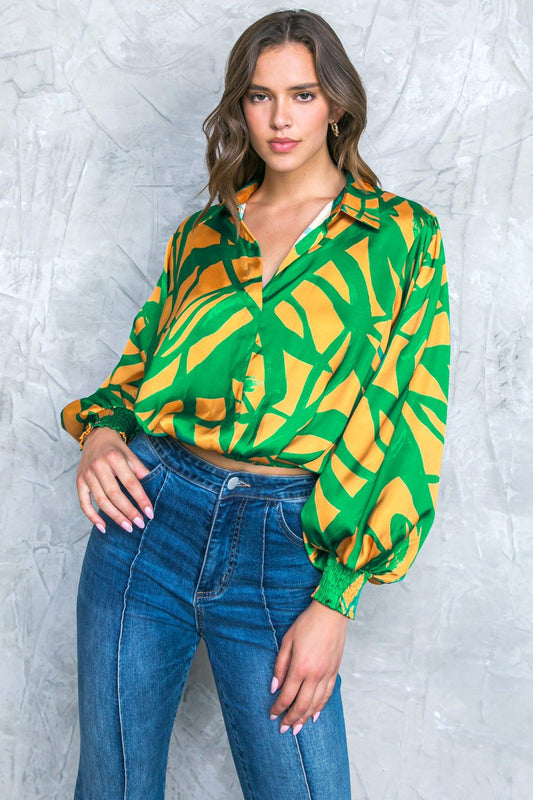 Always About You Woven Top With Shirt Collar V Neck Smocked Cuffs Elastic Waist