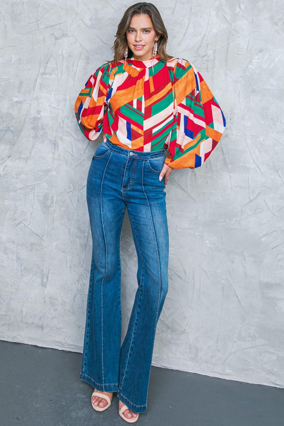 Light Up My Life Woven Top With Mock Neck And Exaggerated Wide Sleeves