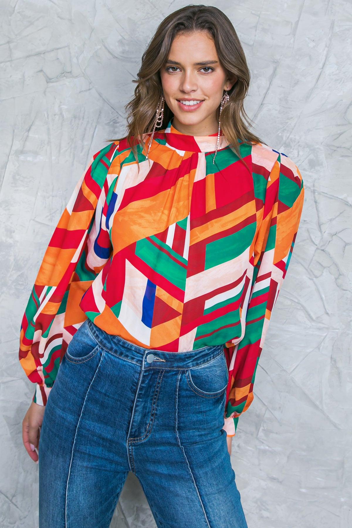 Light Up My Life Woven Top With Mock Neck And Exaggerated Wide Sleeves