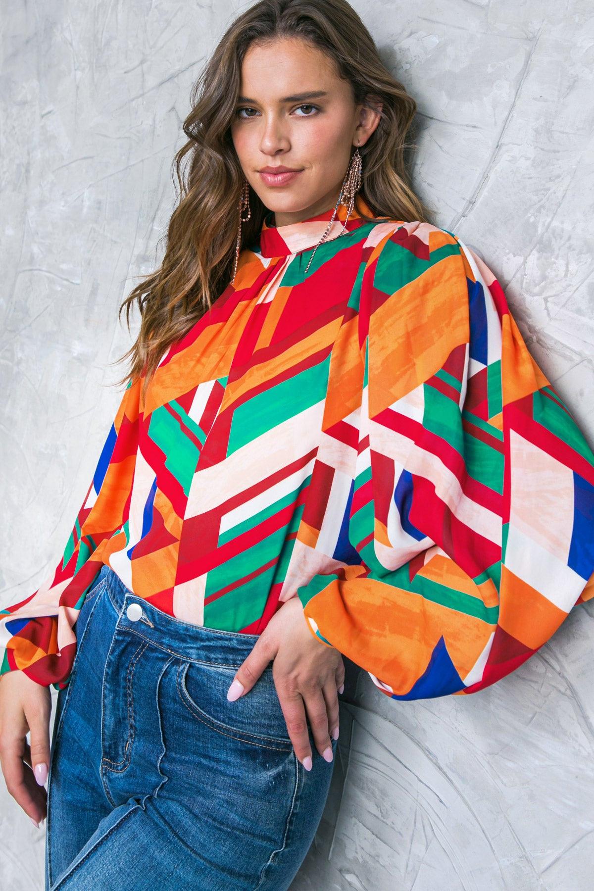 Light Up My Life Woven Top With Mock Neck And Exaggerated Wide Sleeves