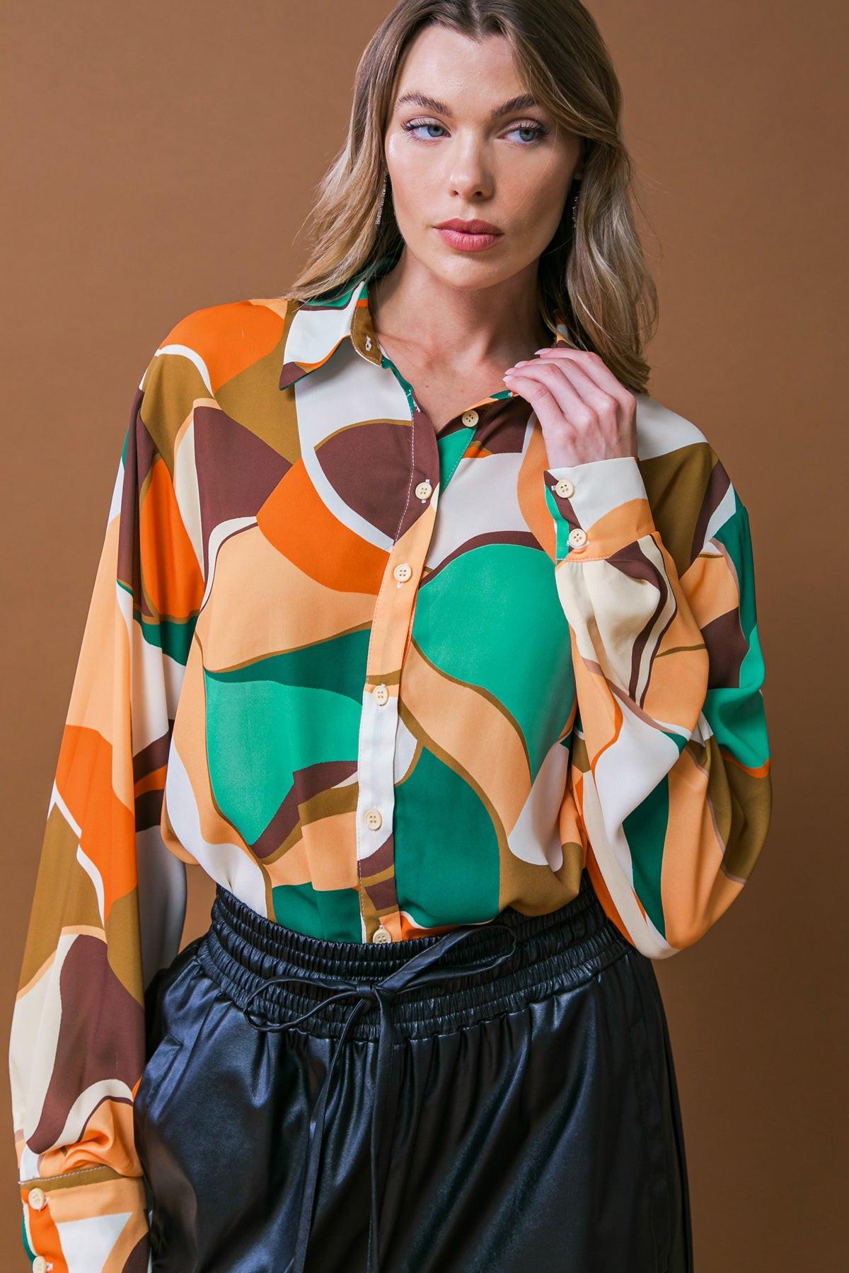 Lovingly Yours Woven Top With Shirt Collar Button Down Long Sleeve Polyester