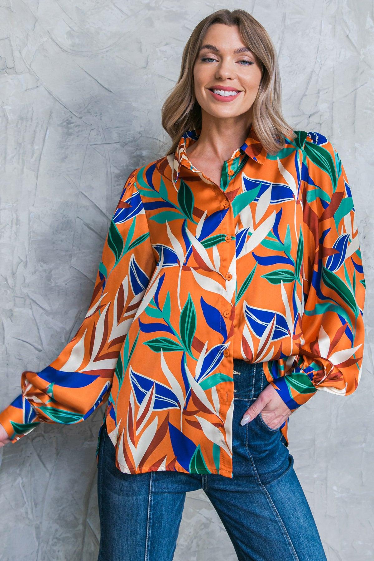 Feels Like Fall Woven Top Printed Button Down Collar Long Sleeves