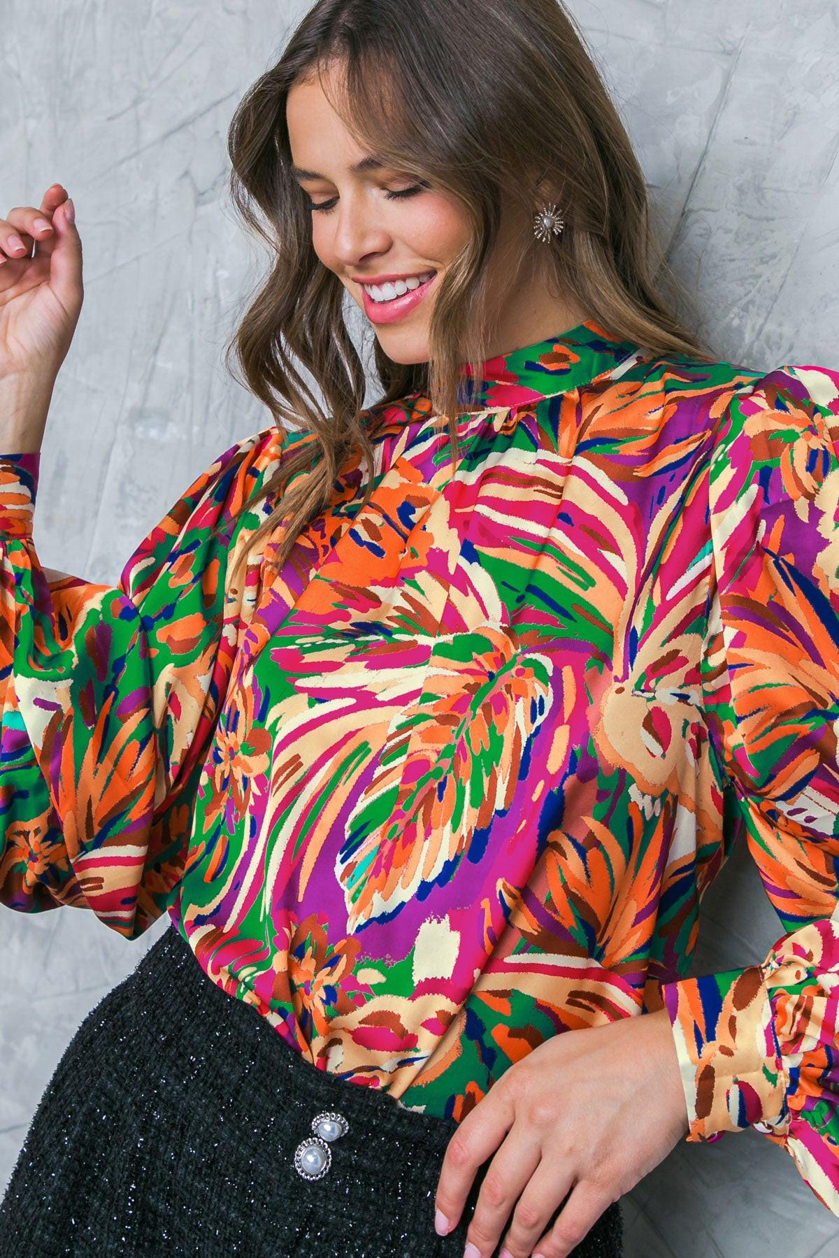 Adoring Devotion Woven Top With High Neck Long Sleeves And Tie Back Print