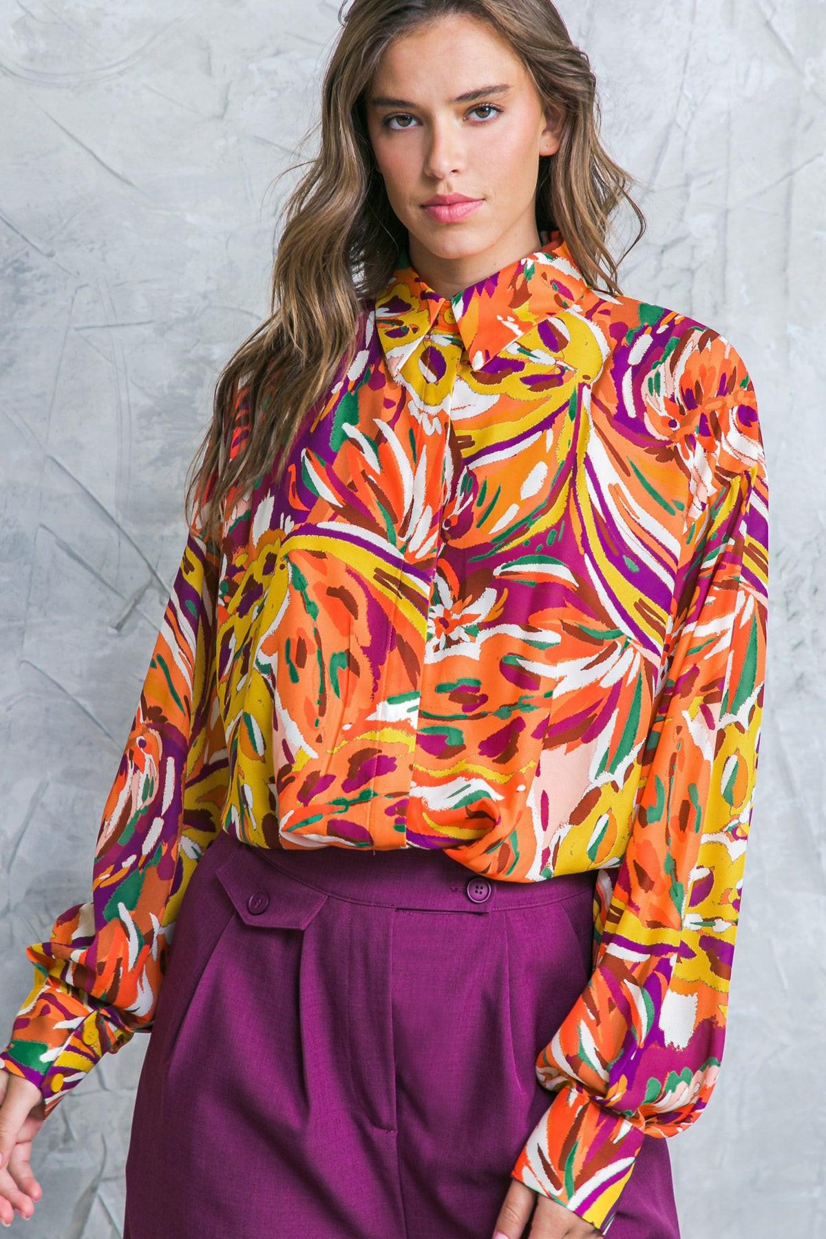 Famous Behavior Printed Woven Top With Shirt Collar And Long Sleeves