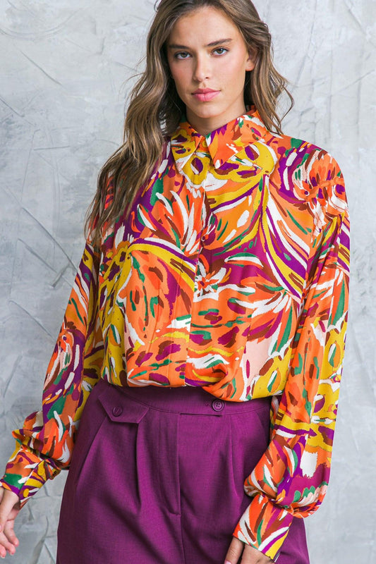 Famous Behavior Printed Woven Top With Shirt Collar And Long Sleeves