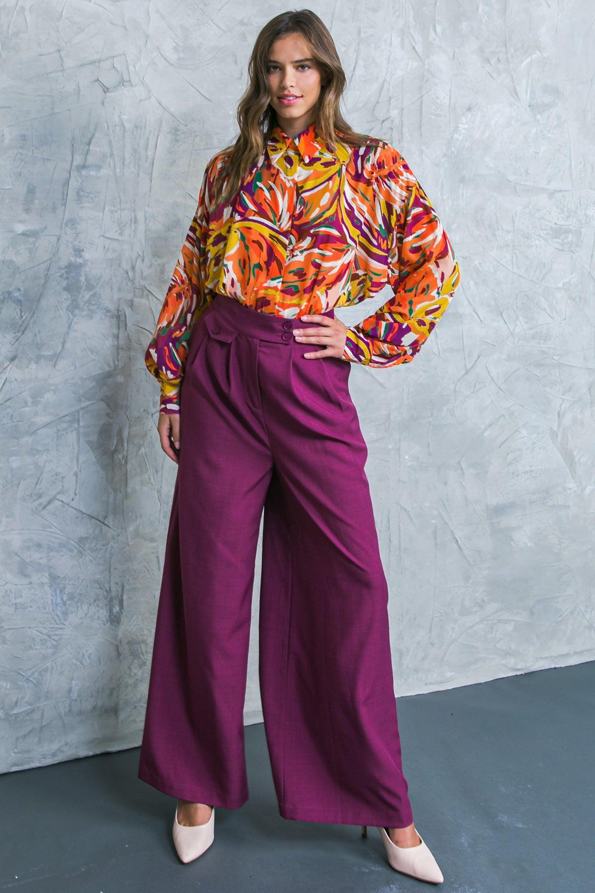 Famous Behavior Printed Woven Top With Shirt Collar And Long Sleeves