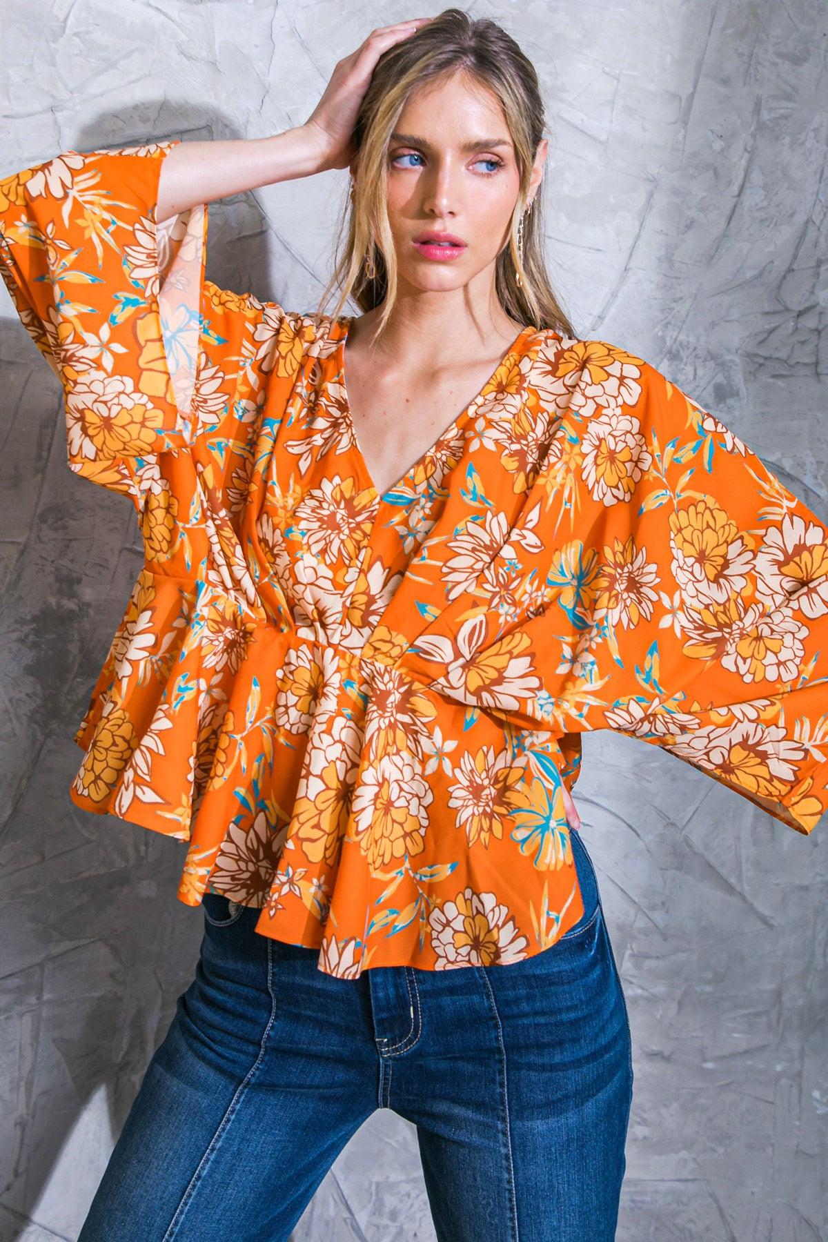 Find You Well Woven Top With V Neck Kimono Sleeves Peplum Silhouette