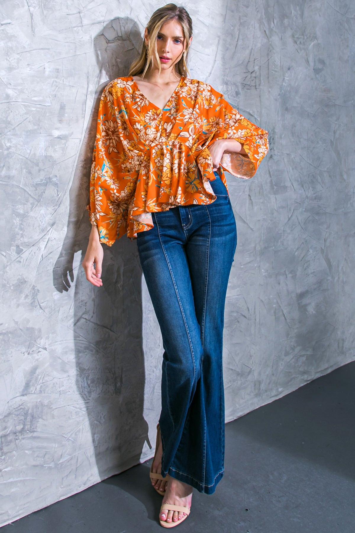 Find You Well Woven Top With V Neck Kimono Sleeves Peplum Silhouette
