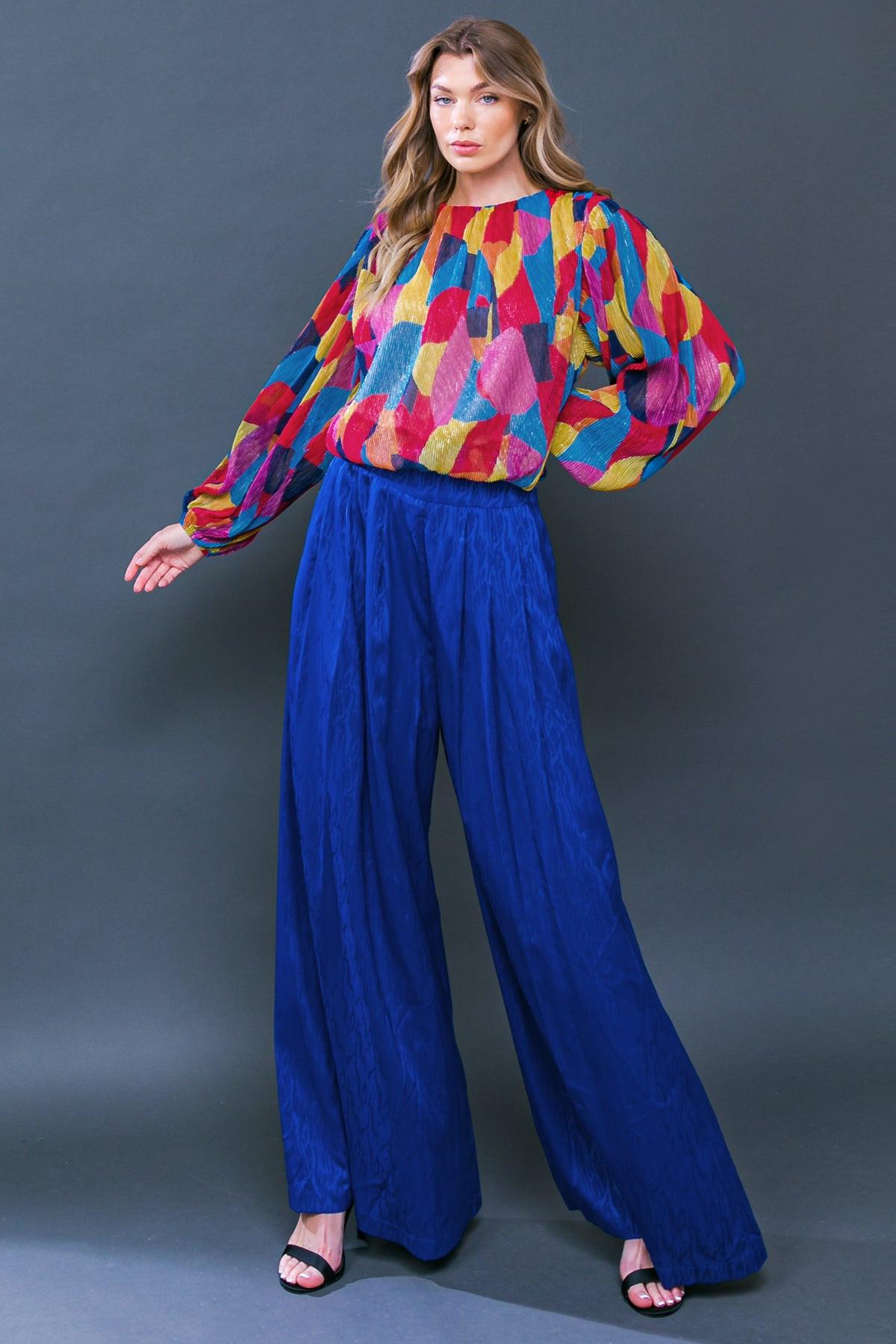 Feeling Delightful Printed Crinkled Woven Top With Round Neck And Long Sleeves