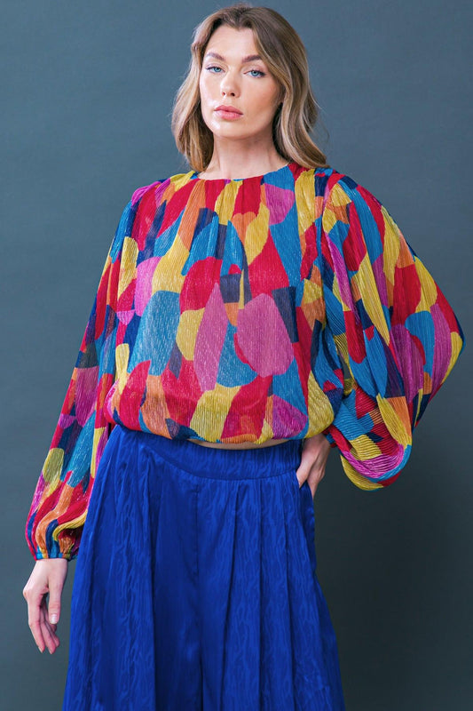 Feeling Delightful Printed Crinkled Woven Top With Round Neck And Long Sleeves