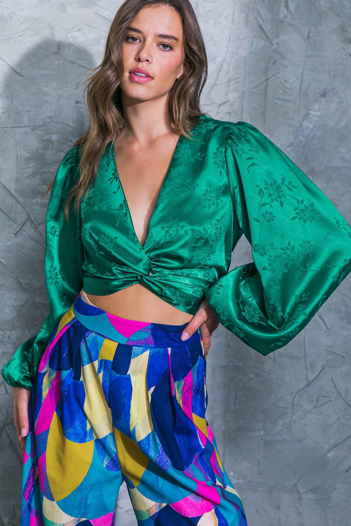 Darling Personality Woven Jacquard Top With Deep V Neck And Front Twist