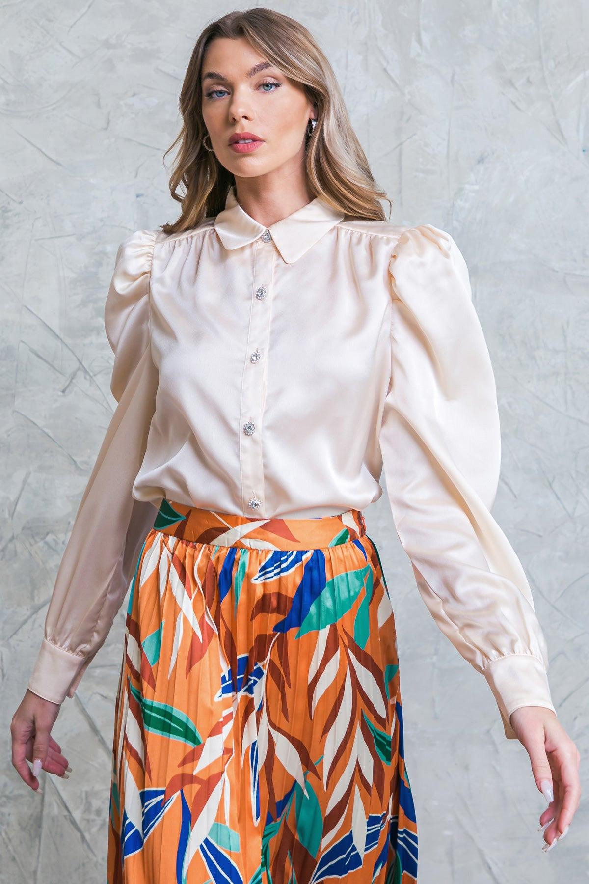 All Mine Rusty Woven Top With Shirt Collar And Rhinestone Button Closure