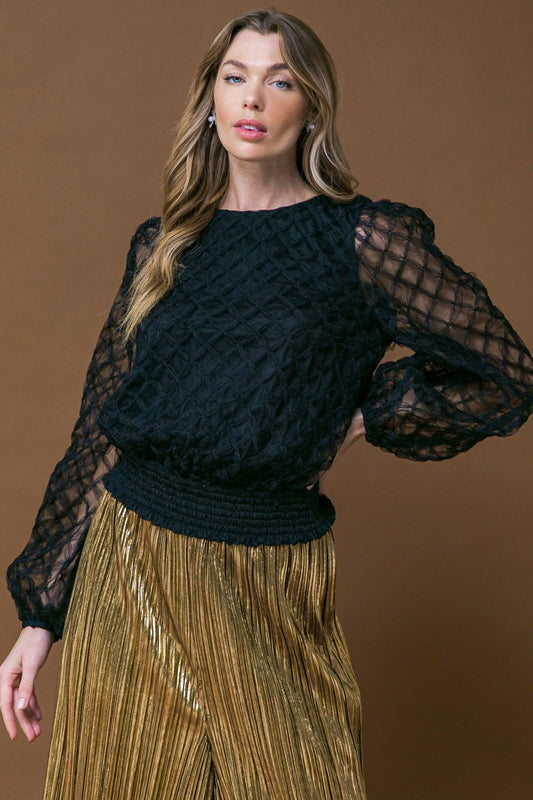 Sweetly Captivating Woven Top With Round Neck Long Sleeve Smocked Waistband