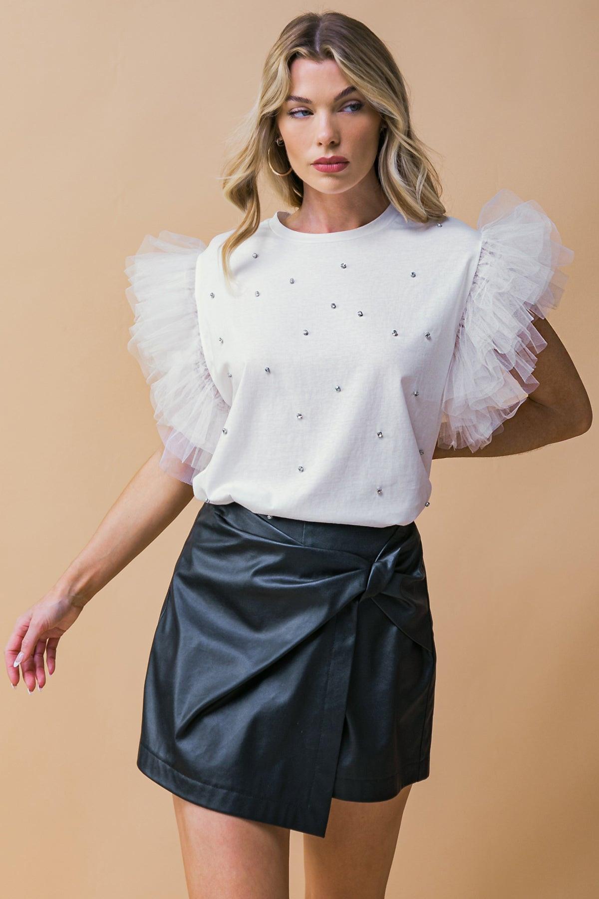 Iconic Beauty Knit Top With Rhinestone Front And Tulle Ruffle Sleeve