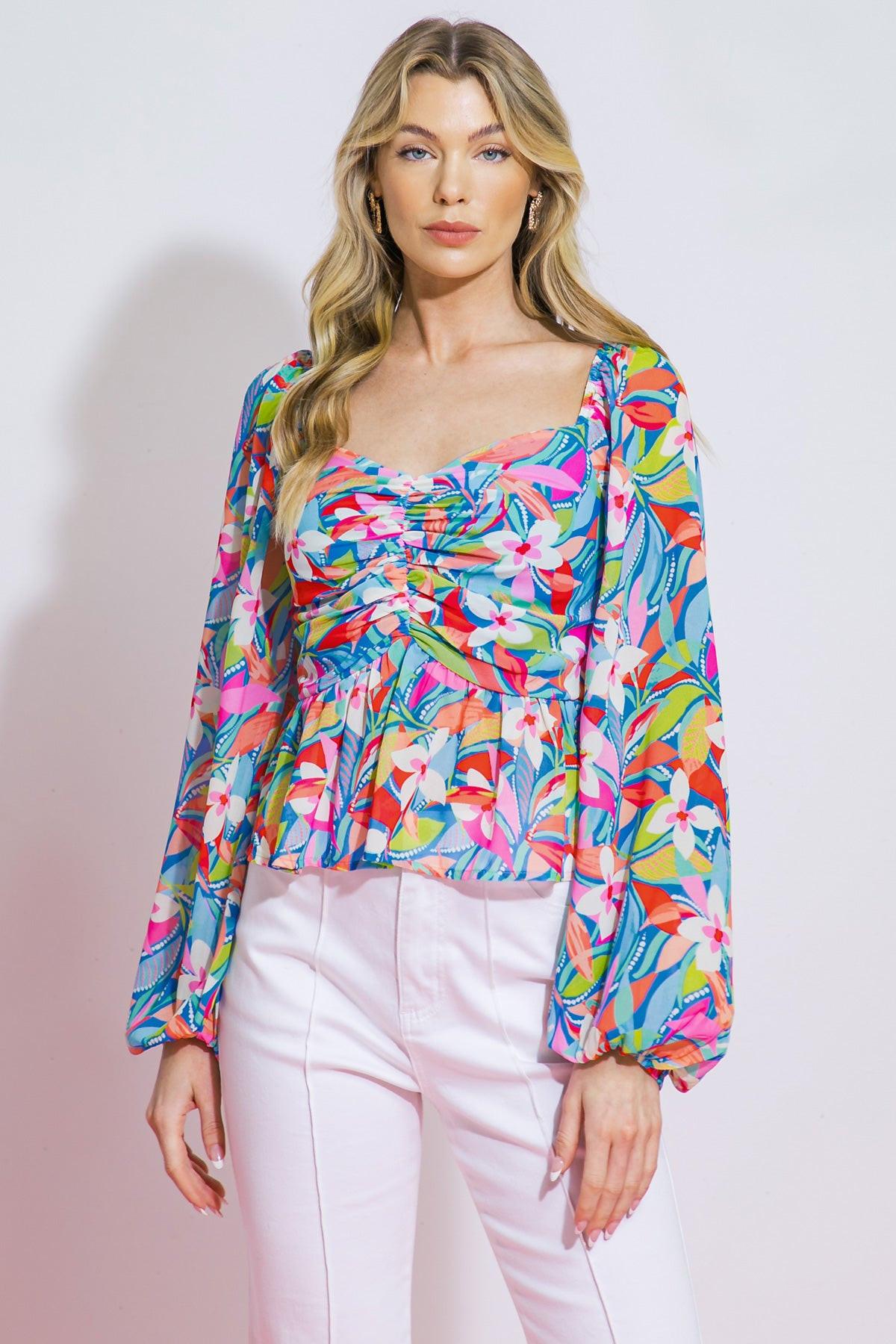 I Never Knew Printed Woven Top With Sweetheart Neckline Peasant Sleeves Peplum