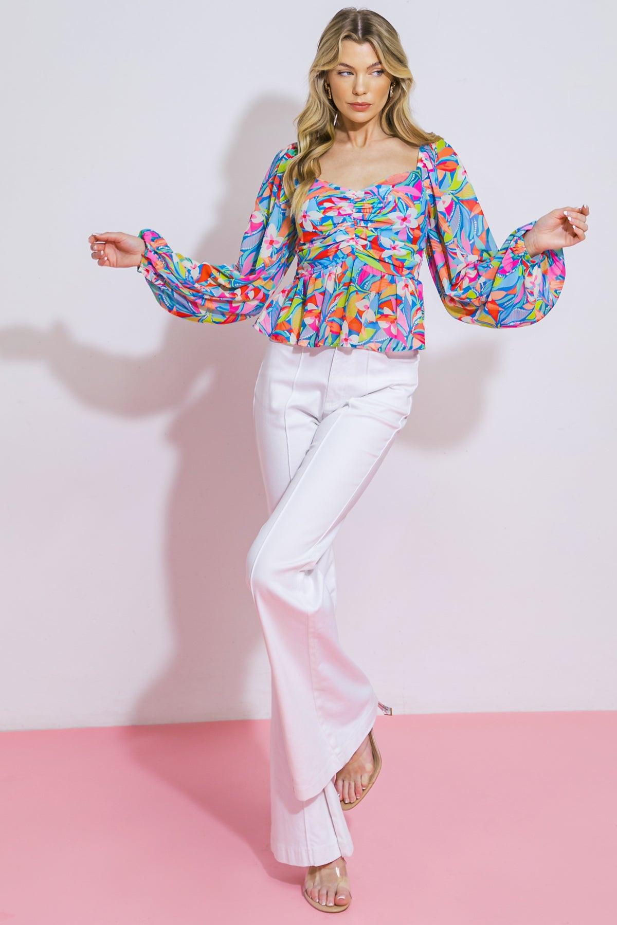 I Never Knew Printed Woven Top With Sweetheart Neckline Peasant Sleeves Peplum