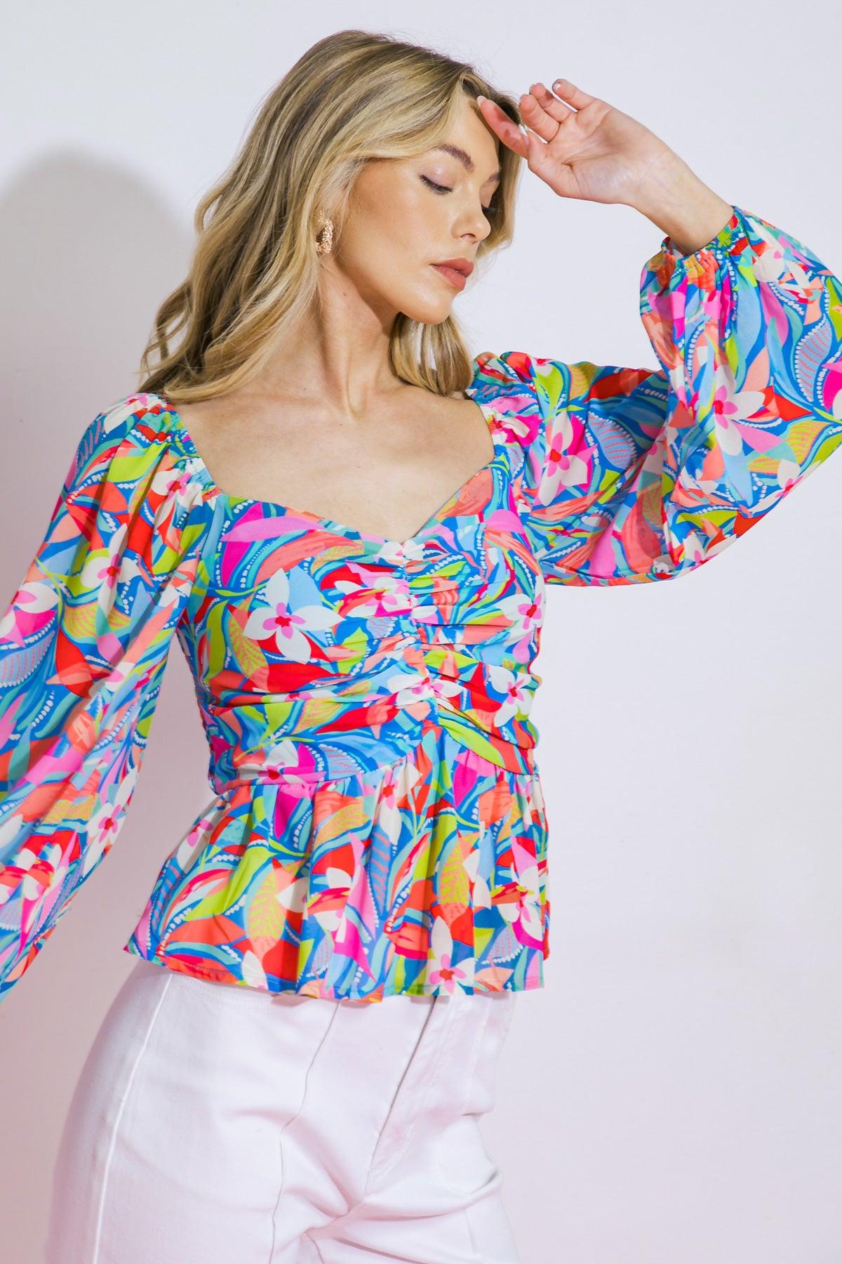 I Never Knew Printed Woven Top With Sweetheart Neckline Peasant Sleeves Peplum