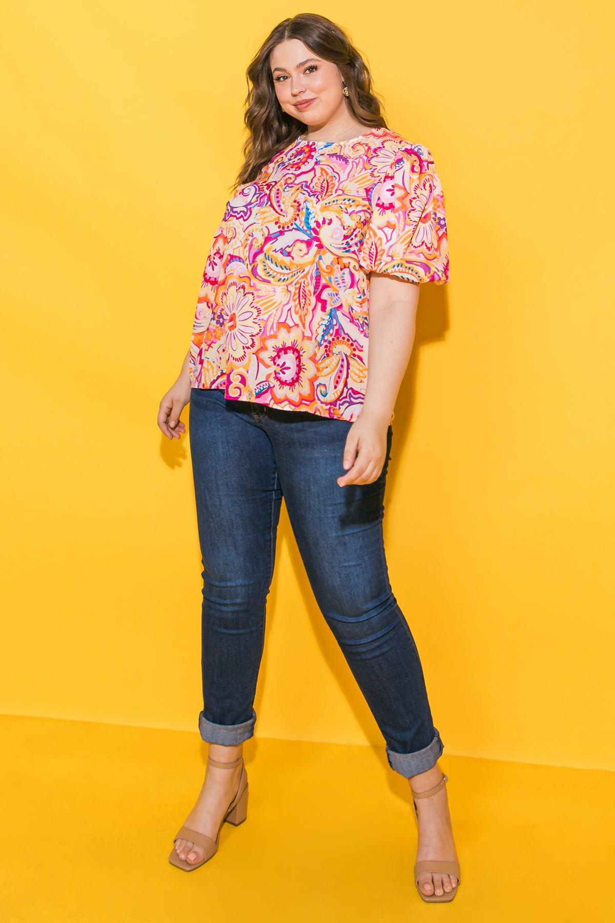 Ready To Run Printed Woven Top With Round Neckline And Puff Sleeves
