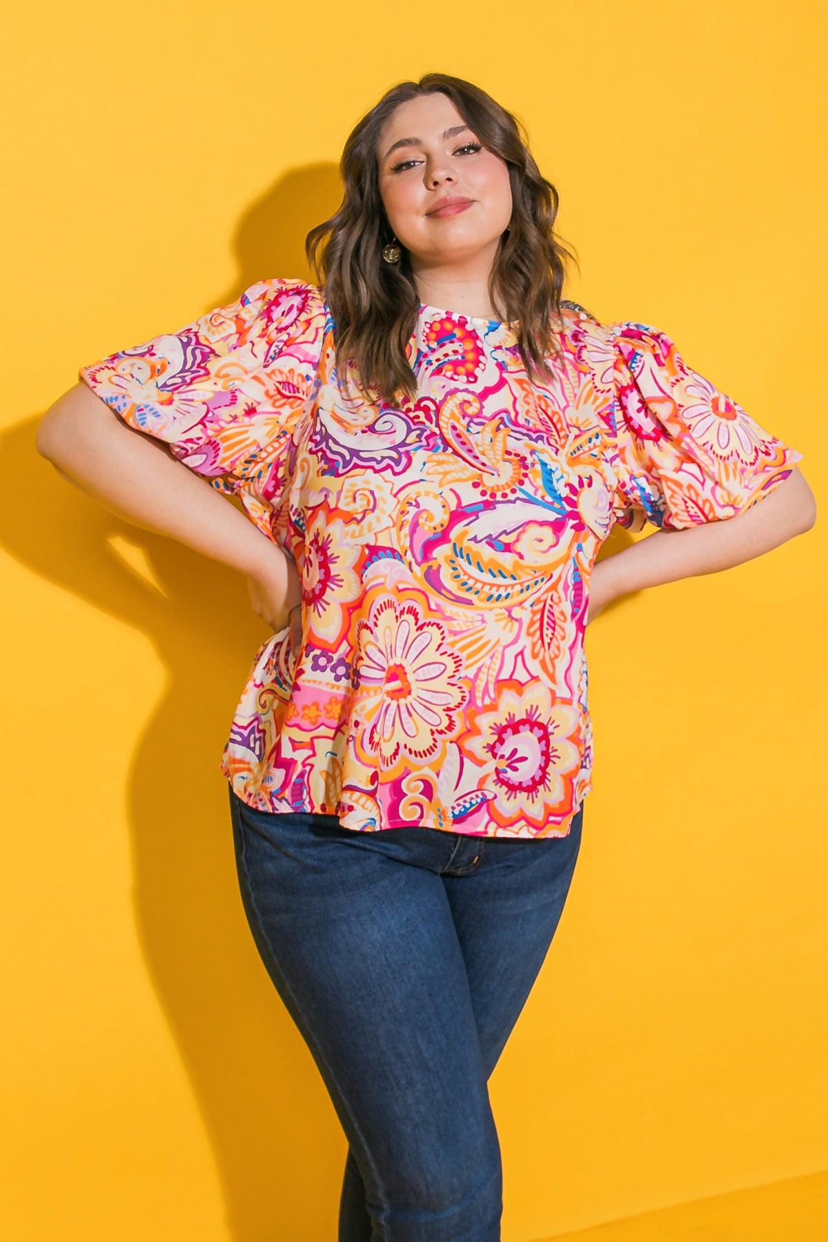Ready To Run Printed Woven Top With Round Neckline And Puff Sleeves