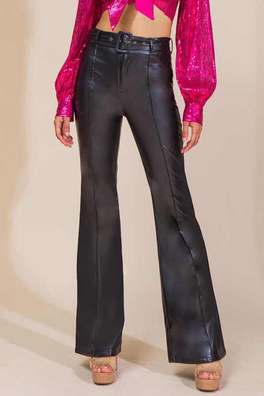 Hope You Know Faux Leather Pants With Flared Leg And Self Belt