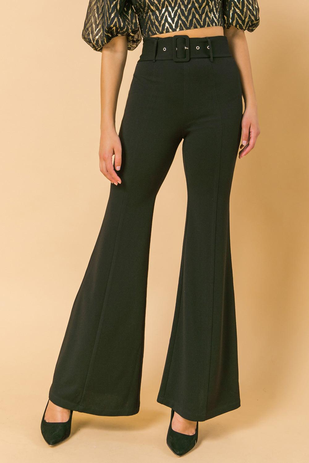 Countdown The Hours Woven Bell Bottom Flared Pants With Self Belt And Pockets