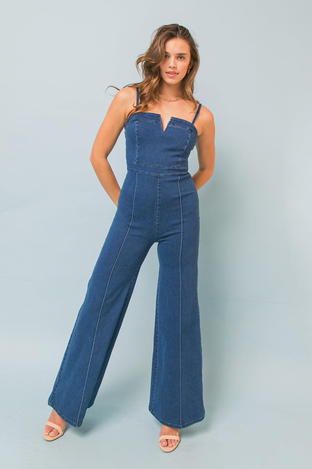 Making Magic Denim Jumpsuit With Flare Legs And V Neck Back Zipper