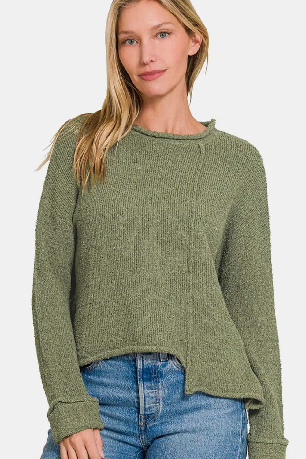 Trendsi boho asymmetric hem sweater in olive green, featuring a relaxed fit and ribbed texture